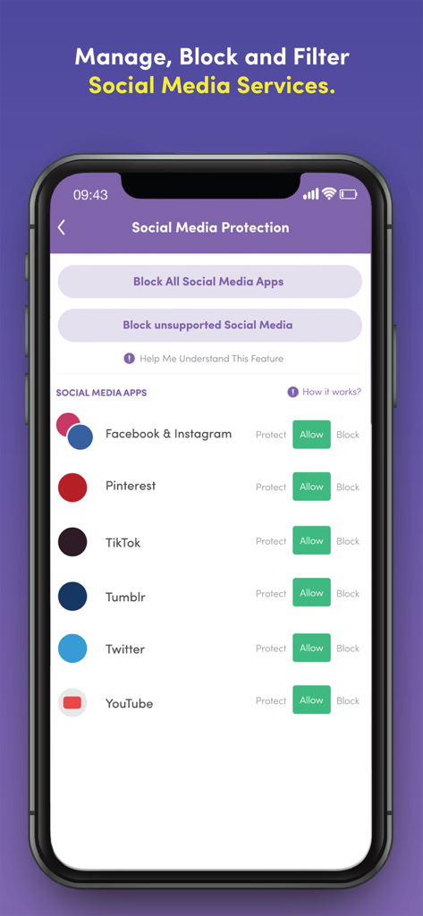 Net Nanny app interface showing options to manage and block social media services like TikTok and Facebook