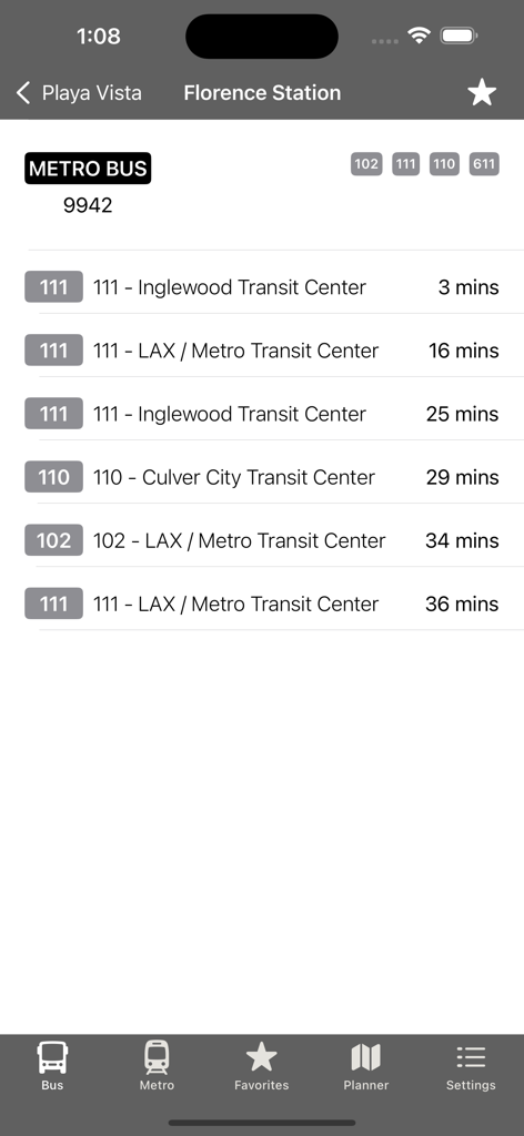 Real-time bus arrival times for Florence Station on the LA Metro and Bus app