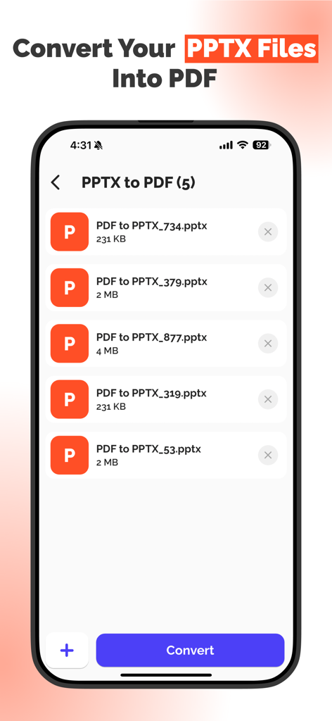 PDF Converter - All Documents - Interfaz de aplicación móvil que muestra una lista de archivos de PowerPoint y un botón para convertirlos a PDF
