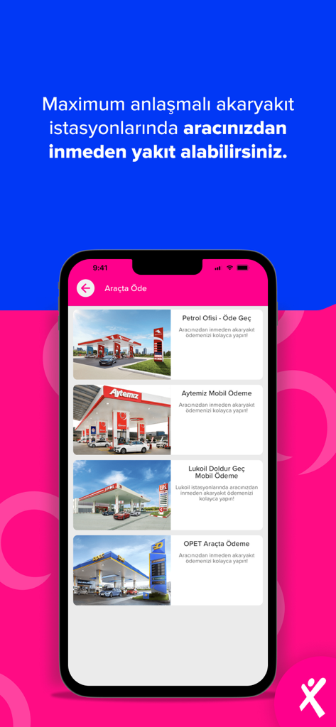 Maximum Mobil - Maximum Mobil app interface showing the mobile fuel payment feature for gas stations like Petrol Ofisi and OPET.