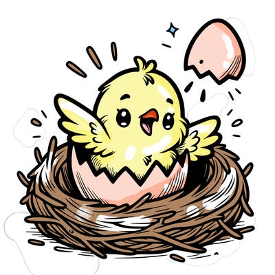a baby chick hatching from an egg in a nest