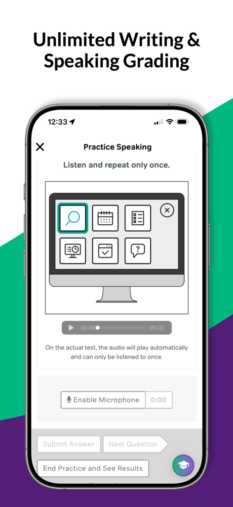 Magoosh TOEFL prep app interface showing a speaking practice session with unlimited grading.