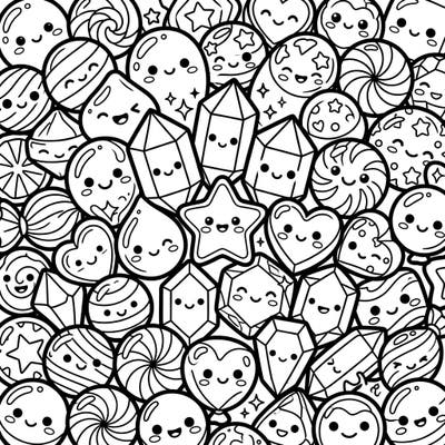 Unwrap a world of cuteness with this delightful Kawaii hard candies coloring page. Each adorable candy and crystal features a charming face, promising a sweet and engaging coloring experience for all.