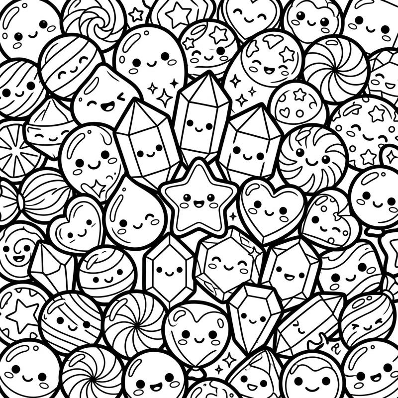 Unwrap a world of cuteness with this delightful Kawaii hard candies coloring page. Each adorable candy and crystal features a charming face, promising a sweet and engaging coloring experience for all.