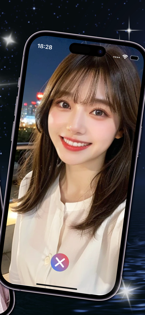 Moon - Night Sky Video Chat - A young woman smiling during a video call on the Moon app with a starry sky background