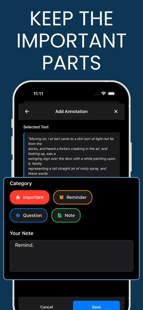 Interfaccia dell'app Progetto Gutenberg Ebooks per aggiungere annotazioni categorizzate e note personali alla letteratura classica
