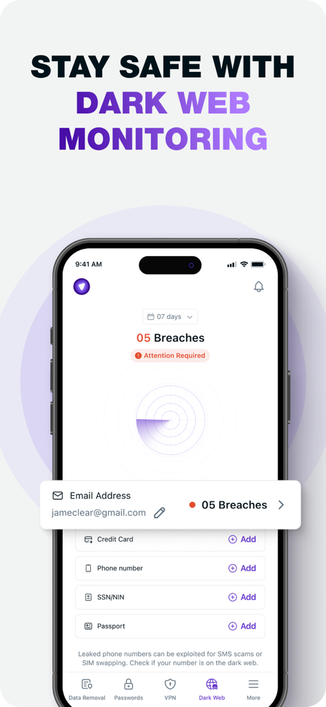 ID侵害アラートを備えたダークウェブ監視機能を表示するiPhone上のPureVPNアプリインターフェイス。