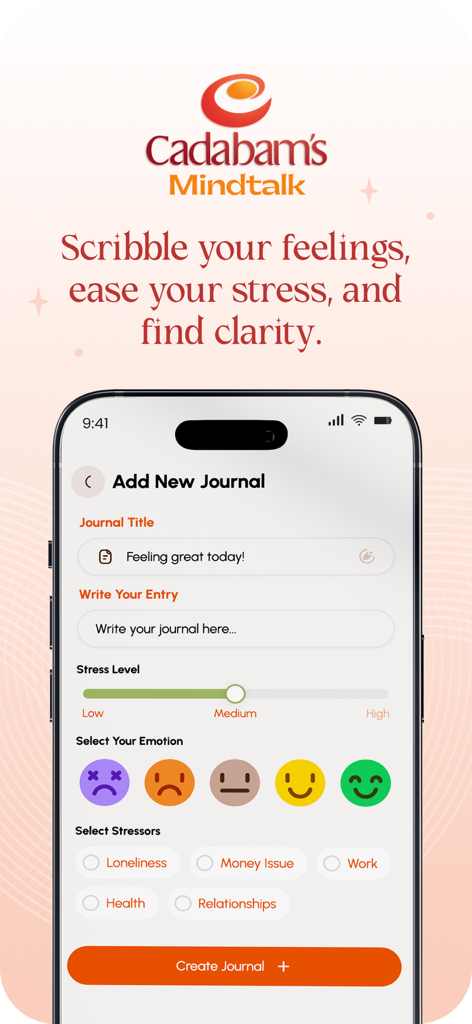 Cadabams Mindtalk app interface for adding a new journal entry with stress and emotion trackers