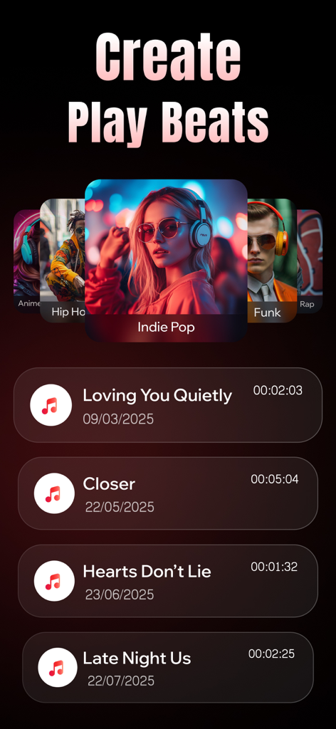 AI Rap Song Maker - Rap Music - AI Rap Song Maker app screen featuring genre selection and a library of created songs.