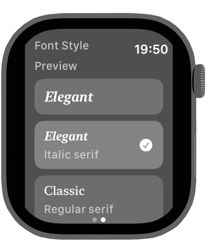 WatchDial - Pantalla de selección de estilos de fuente de la aplicación WatchDial en Apple Watch.