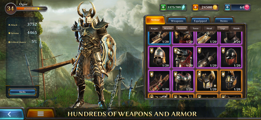 Fight Legends: Sword Fighting - 金色の鎧を着た中世の戦士が、Fight Legends で様々なヘルメットや胸当てを示す装備メニューの隣に立っている