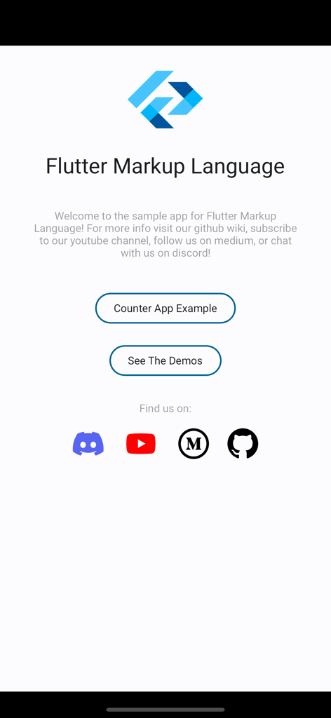Framework Markup Language - Pantalla de bienvenida de la aplicación Flutter Markup Language con botones para un ejemplo de aplicación de contador y demostraciones.