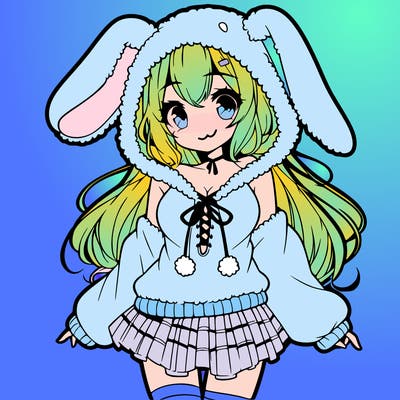 pretty anime girl wearing a fluffy hoodie with bunny ears on the hood and a skirt