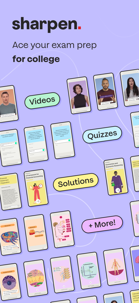 Sharpen - College Exam Prep - Sharpen app interface showing study videos quizzes and solutions for college students