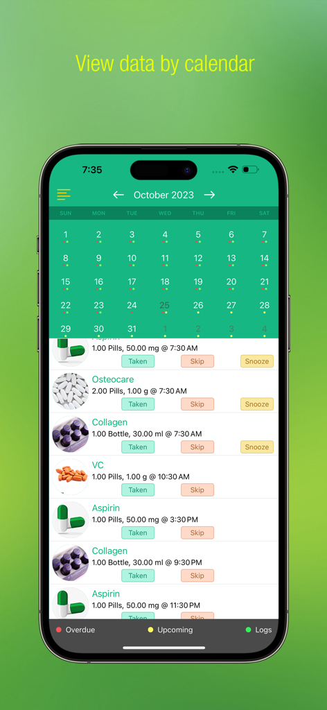 Pill Alert Pro - L'interface de l'application Pill Alert Pro affiche un calendrier mensuel des médicaments et un planning quotidien des prises de pilules, avec indication de la prise ou de l'oubli.
