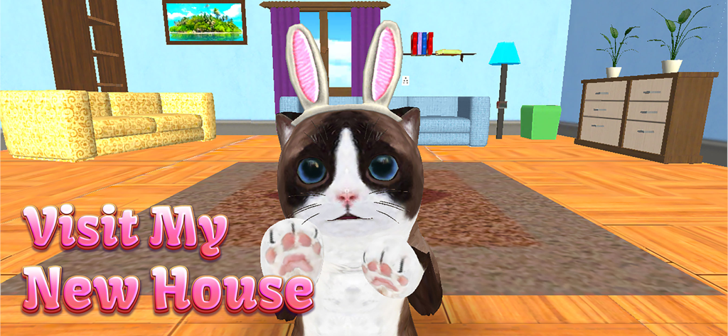 Cat Simulator 2 - Un gato con orejas de conejo en una diadema en una sala de estar virtual con el texto Visita Mi Nueva Casa