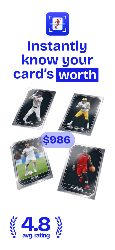 Ladder: Sports Card Scanner - Ladder app promotional screen showing sports cards for baseball football soccer and basketball with their estimated market value