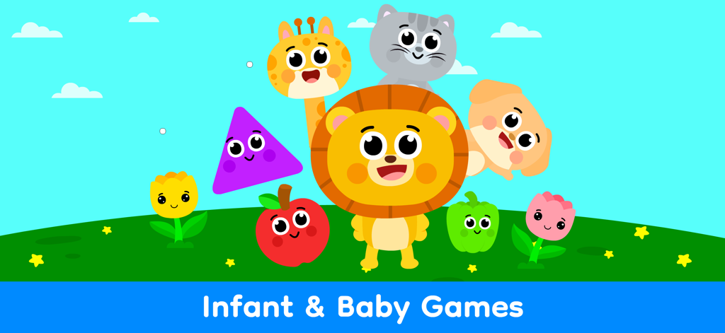 Infant Games for 1 Year Olds - Cute cartoon lion giraffe dog and colorful objects in a bright landscape for infant and baby games