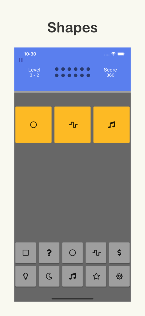 Brain Sharp: Memory & Math - Una captura de pantalla de la aplicación Brain Sharp que muestra un nivel de juego de emparejamiento de memoria con varios iconos y formas.