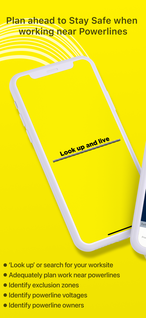Look up and Live - Mobile app screen for planning safety near powerlines and identifying exclusion zones