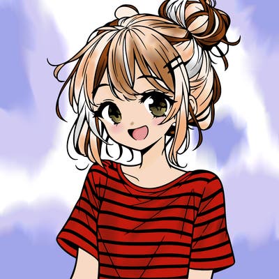 anime girl teenager striped shirt and smile and messy bun