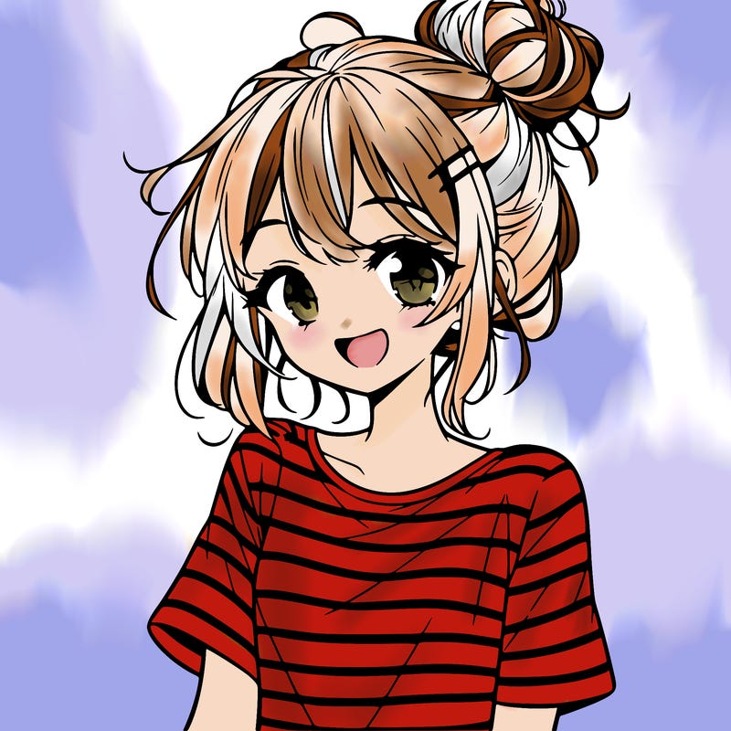 anime girl teenager striped shirt and smile and messy bun