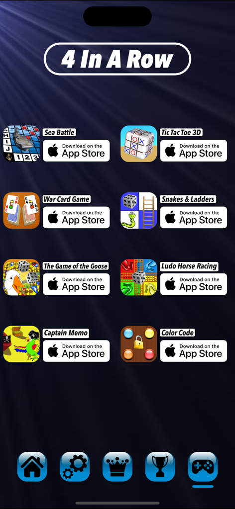 4 In A Row Board Game Connect - A menu in the 4 In A Row app showing other board games like Sea Battle and Snakes and Ladders available on the App Store.