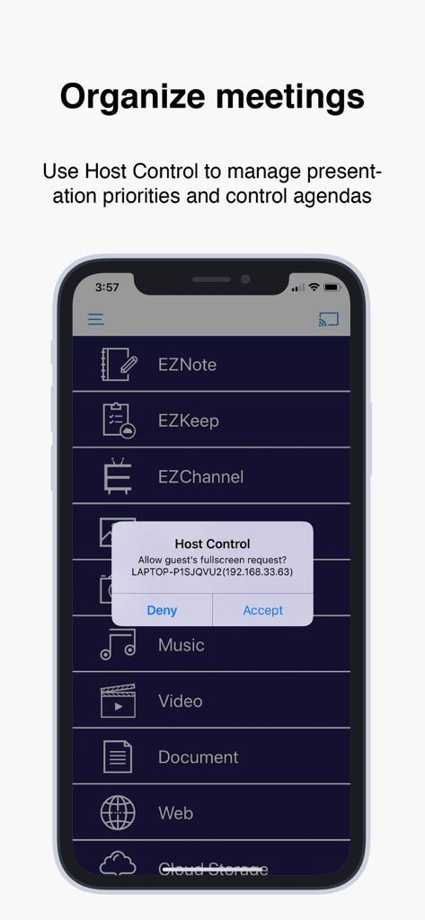EZCast Pro - Interfaz de la aplicación EZCast Pro mostrando la función de Control de Anfitrión con una ventana emergente para gestionar las solicitudes de presentación de invitados durante una reunión.