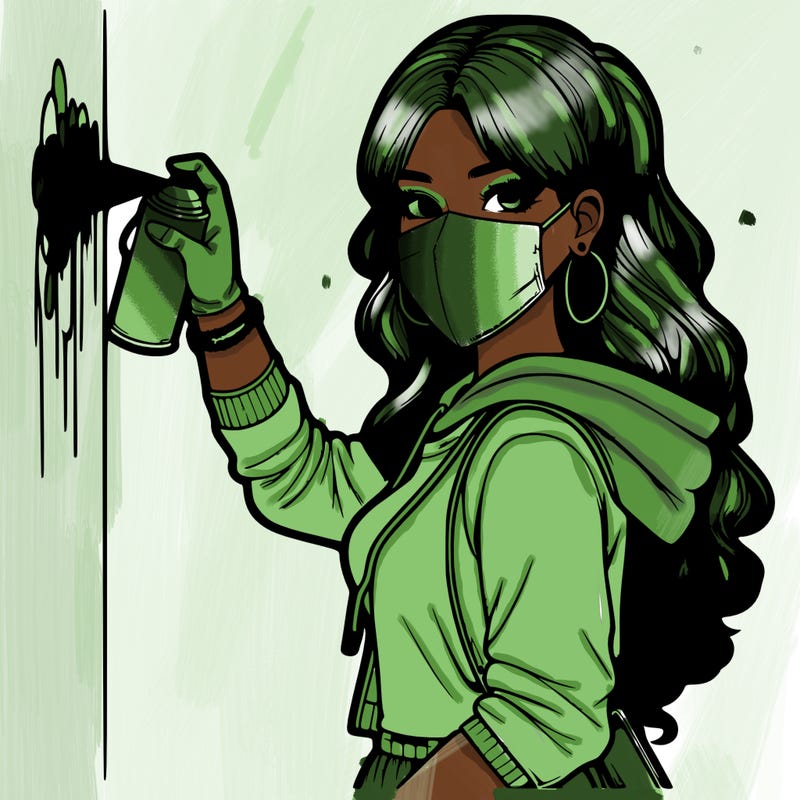 realistic girl with mask spray painting a wall