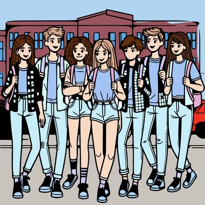 teen group just out of school going home together