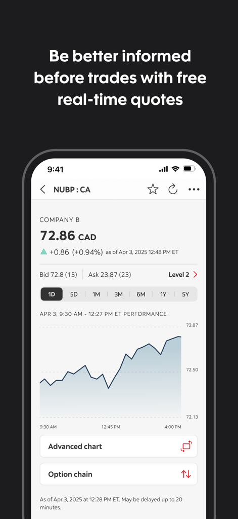 Scotia iTRADE mobile - Scotia iTRADE mobile app screen showing real-time stock quotes and a performance chart for a company.