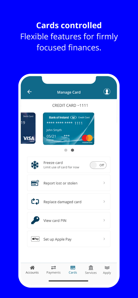 Bank of Ireland mobile app screen showing credit card management and security options