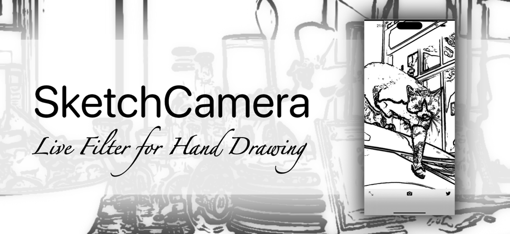 Handwriting FX :SketchCamera - A mockup showing an iPhone with a cat filtered into a hand-drawn sketch using the SketchCamera app.