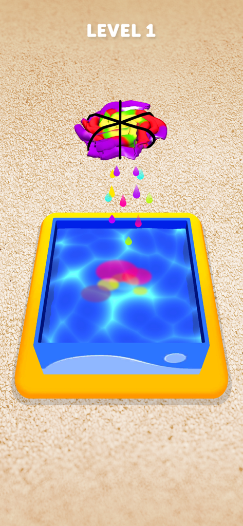 Tie Dye - Gameplay de la aplicación móvil Tie Dye mostrando el nivel 1 con un manojo de tela colorido goteando tinte en un pequeño charco de agua.