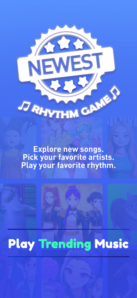 Demon Hop: Ball & Music Game - Demon Hopリズムゲームのインターフェース。トレンディング音楽とアーティスト選択オプションが表示されています。