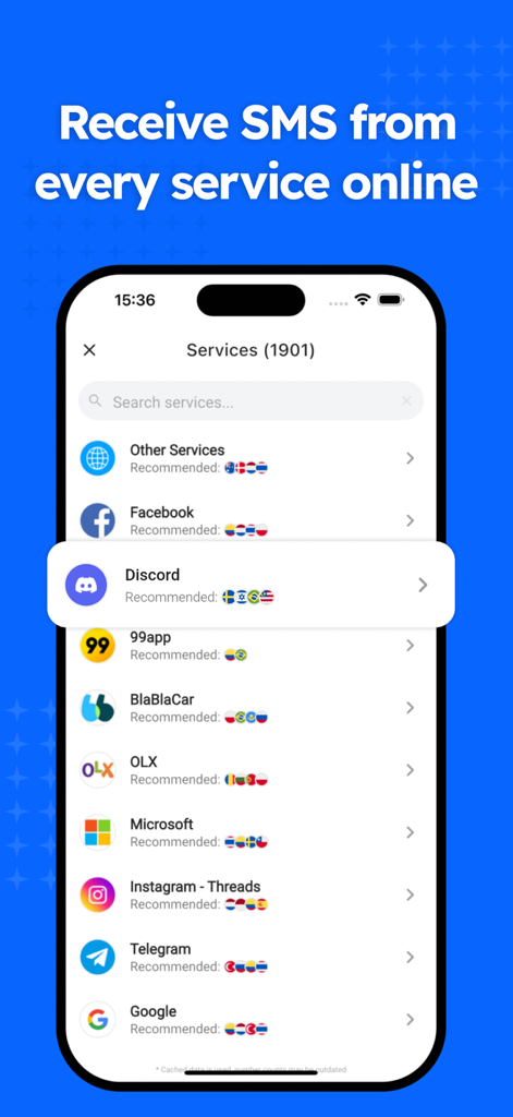 Receber SMS - Temp numbers OTP - Mobile app screen displaying a wide range of services like Facebook and Discord available for SMS verification using temporary numbers