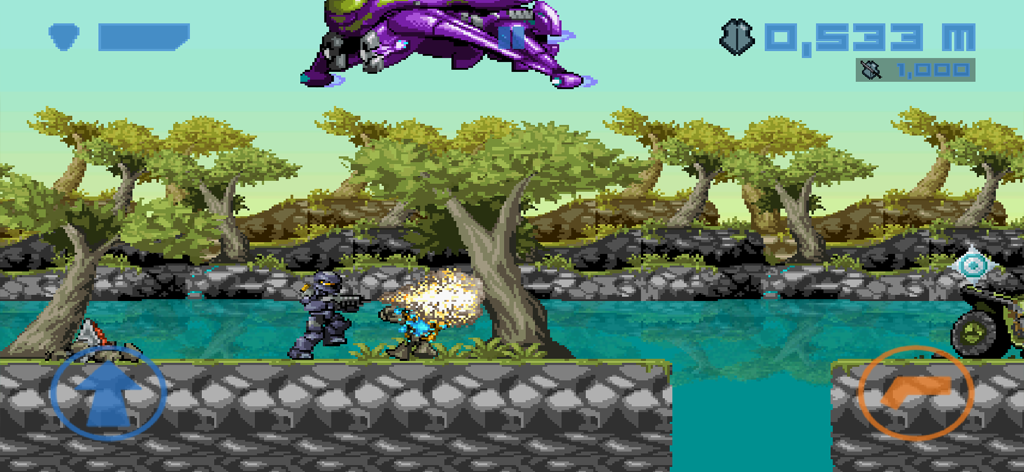 Spartan Runner. - Gameplay of Spartan Runner showing a pixel art soldier shooting an alien near a purple spaceship