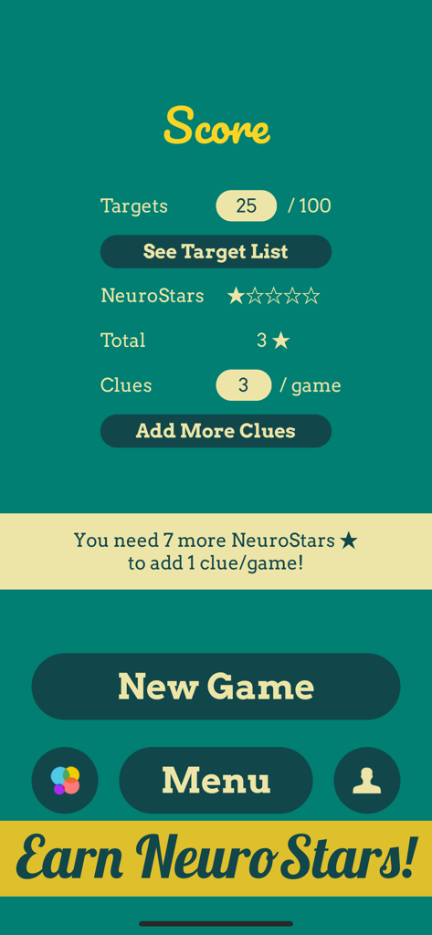 Brain Games : Words & Numbers - Pantalla de puntuación en la aplicación Brain Games que muestra el progreso de los objetivos y las neuroestrellas ganadas