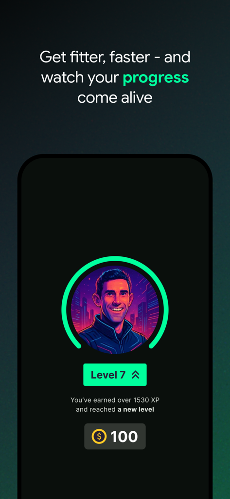 District: The Running Game - Districtランニングアプリのユーザープロフィール、レベル進行、XP、獲得コインが表示されています