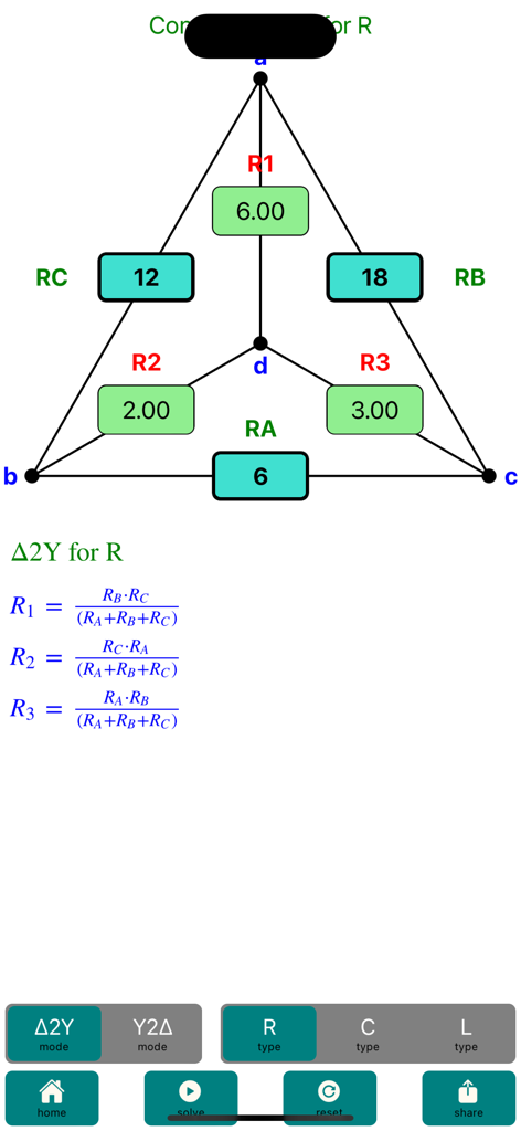 Un'interfaccia di conversione di rete di resistori da Delta a Wye che mostra un diagramma di circuito e formule matematiche.