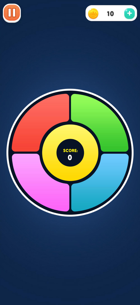 Fun Offline: No Internet Games - Un'interfaccia di gioco puzzle circolare colorata che mostra un punteggio di zero e quattro segmenti colorati su uno sfondo blu scuro.