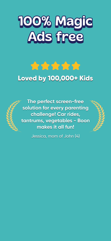 Boon - Stories for Kids - Boon Stories for Kidsアプリのユーザーレビュー。5つ星と画面なしのメリットが表示されています。