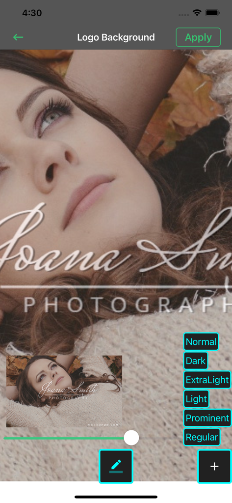 Interface of the Easy Watermark app showing a photography logo overlay on a portrait photo