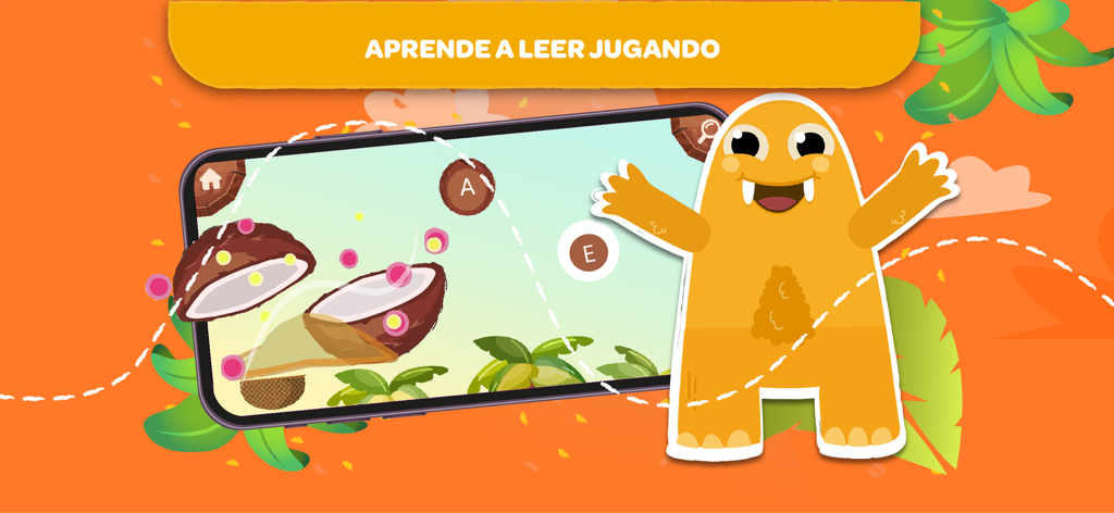 Leo Leo - Pantalla de la aplicación móvil Leo Leo que muestra un divertido juego de alfabetización en español con un amigable personaje de monstruo naranja