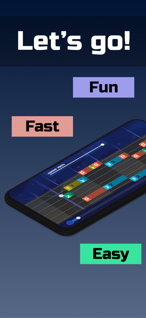 Timbro Guitar - Learn Guitar - Timbro Guitar app interface showing a virtual guitar fretboard with labels Fun Fast and Easy