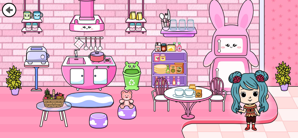Tizi Modern Home Design Games - Un lindo diseño de cocina rosa con un refrigerador con forma de conejo y un personaje de dibujos animados en Tizi Modern Home Design Games