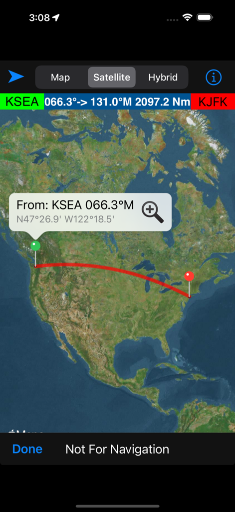 FlyBy Nav - FlyBy Nav app screenshot showing a satellite map with a red flight route between Seattle and New York including navigation data