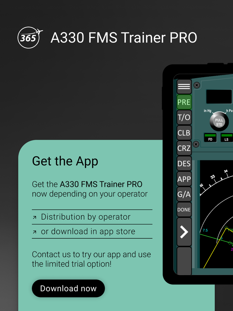 A330 FMS Trainer PRO app interface showing professional pilot training tools and download options