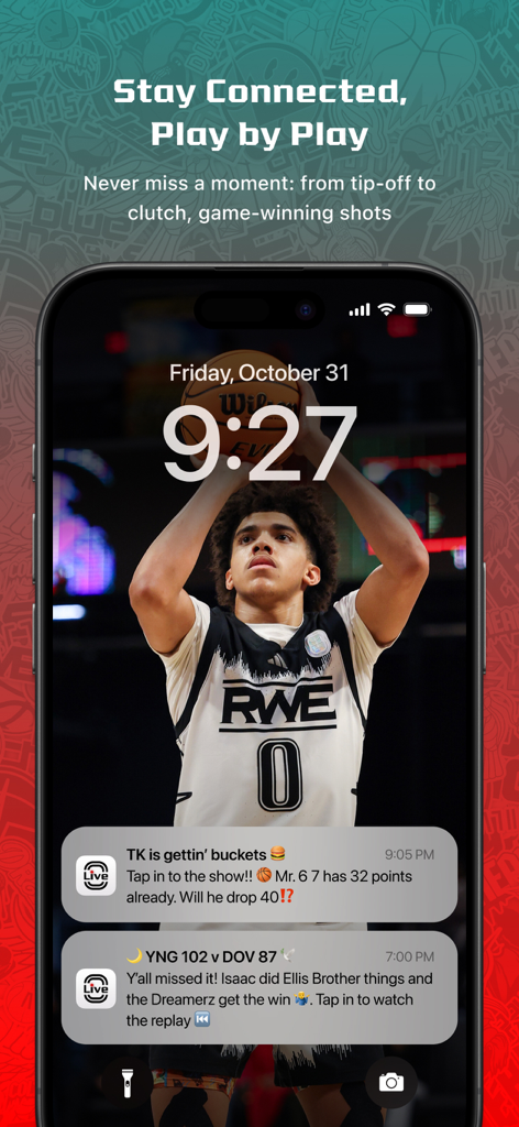 OTE Live - Notificaciones de partidos de baloncesto de la aplicación OTE Live en la pantalla de bloqueo de un móvil