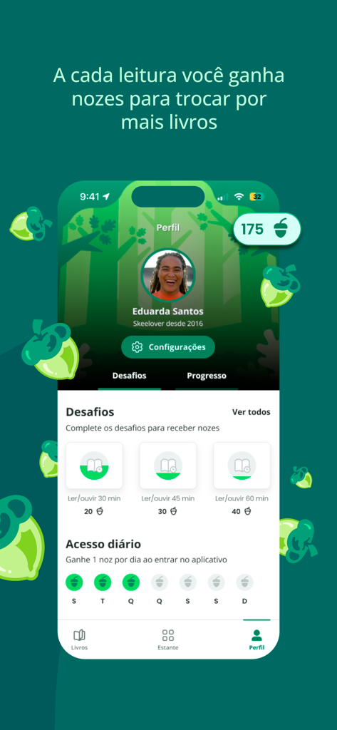 Skeelo: Audiobooks & Ebooks - Skeelo app profile page showing reading challenges and a gamified reward system with nut icons.